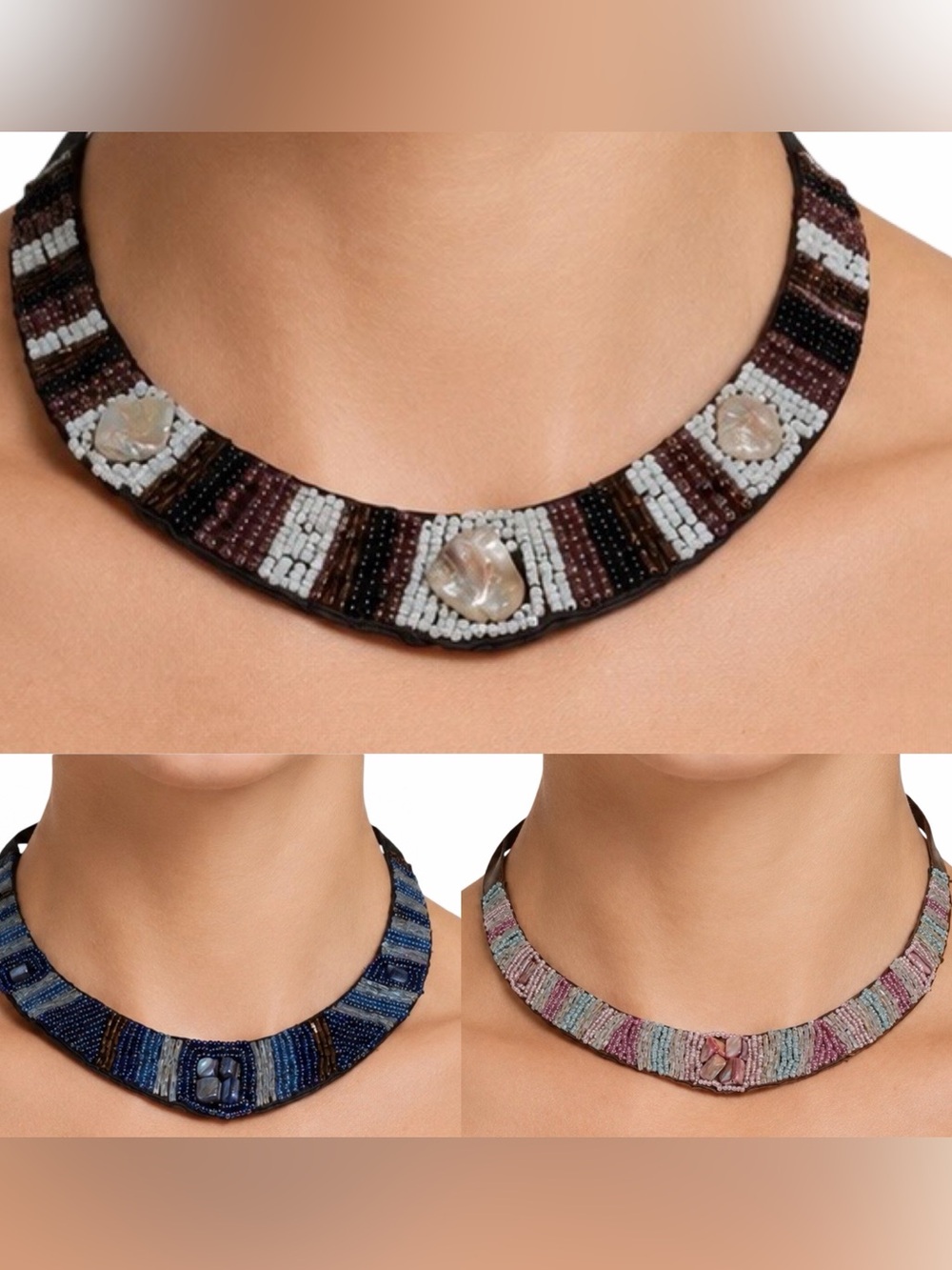Hand-Beaded Shell Accent Collar Necklace Set. EUC